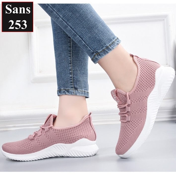 Giày thể thao nữ Sans253 chạy bộ chất vải thoáng khí êm chân sneaker màu hồng đen xám trắng đi học đế thấp bigsize 40 41