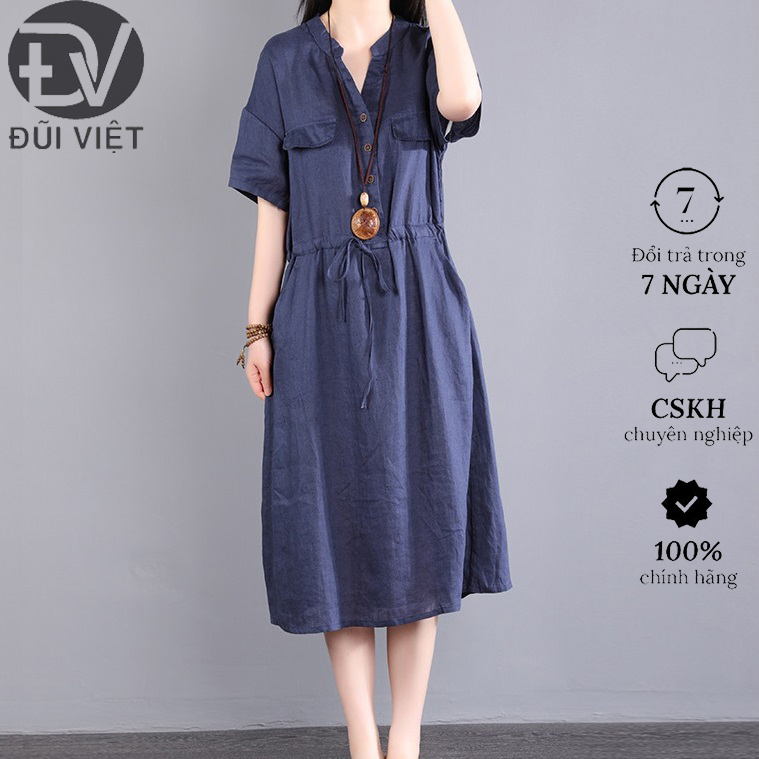 Đầm linen cổ V dáng dài, Đầm suông linen nữ ngắn tay túi đắp thắt eo Đũi Việt