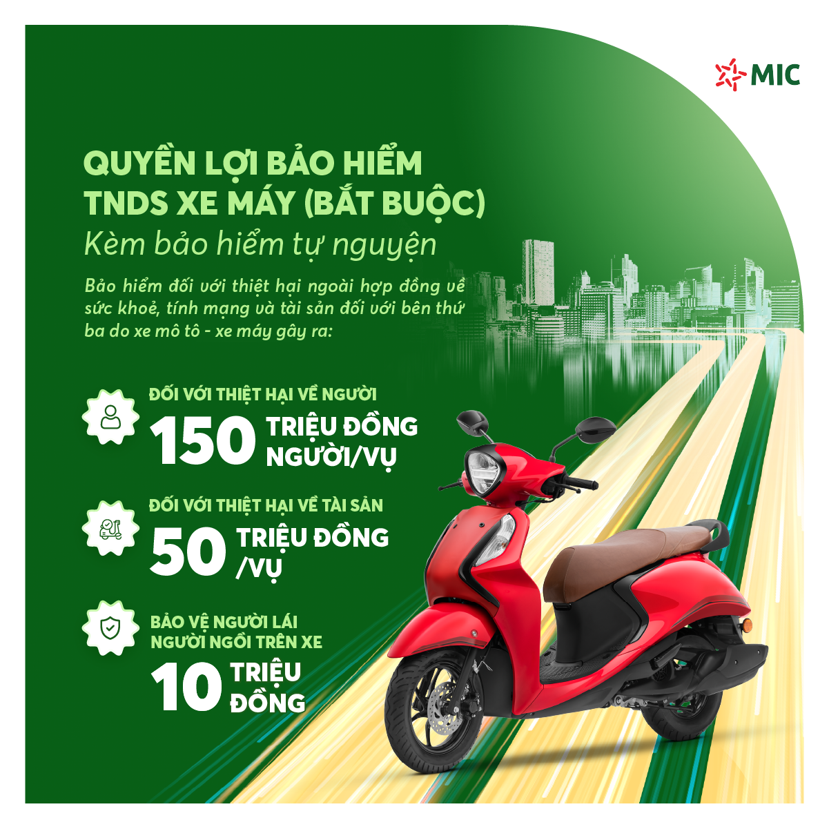 Bảo hiểm TNDS Xe máy kèm bảo hiểm tự nguyện, bồi thường lên đến 150 triệu