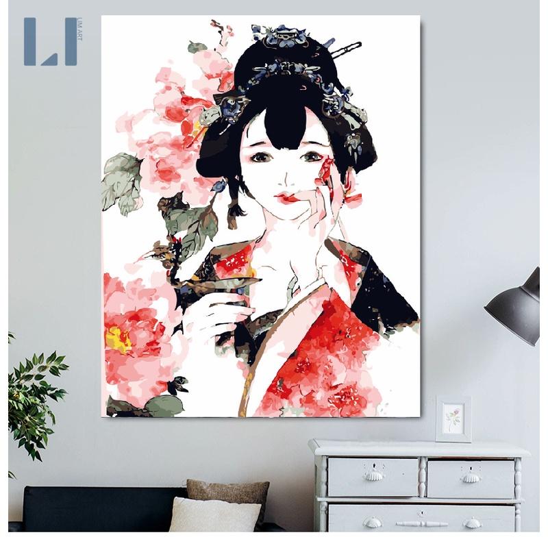 Tranh sơn dầu số hóa có khung cô gái Trung Hoa LIM Art -Tranh tô màu theo số cổ trang Trung Quốc, thủy mặc