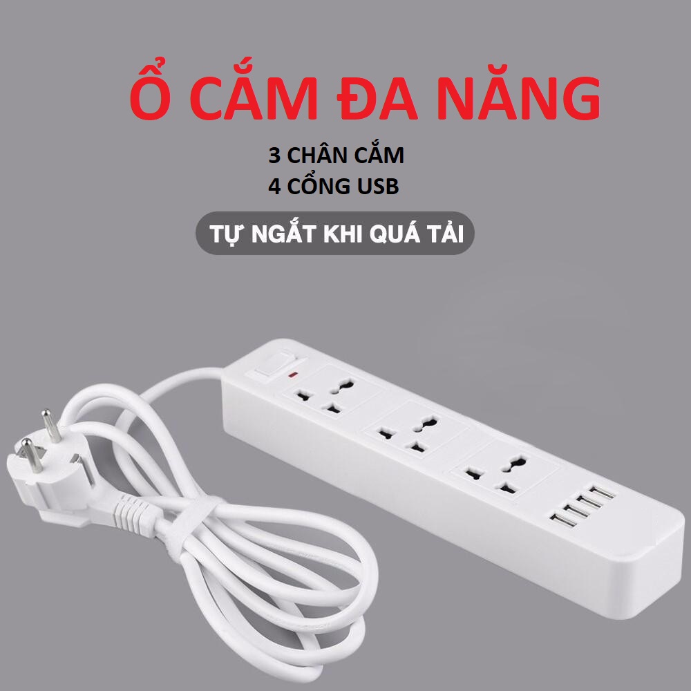 Ổ Cắm Điện Đa Năng Có 4 Cổng USB Sạc Điện Thoại Tối Đa 12W và Ổ Điện Chịu Tải 2500W Dây Nối Dài 2M Chọn Màu Chính Hãng miDoctor