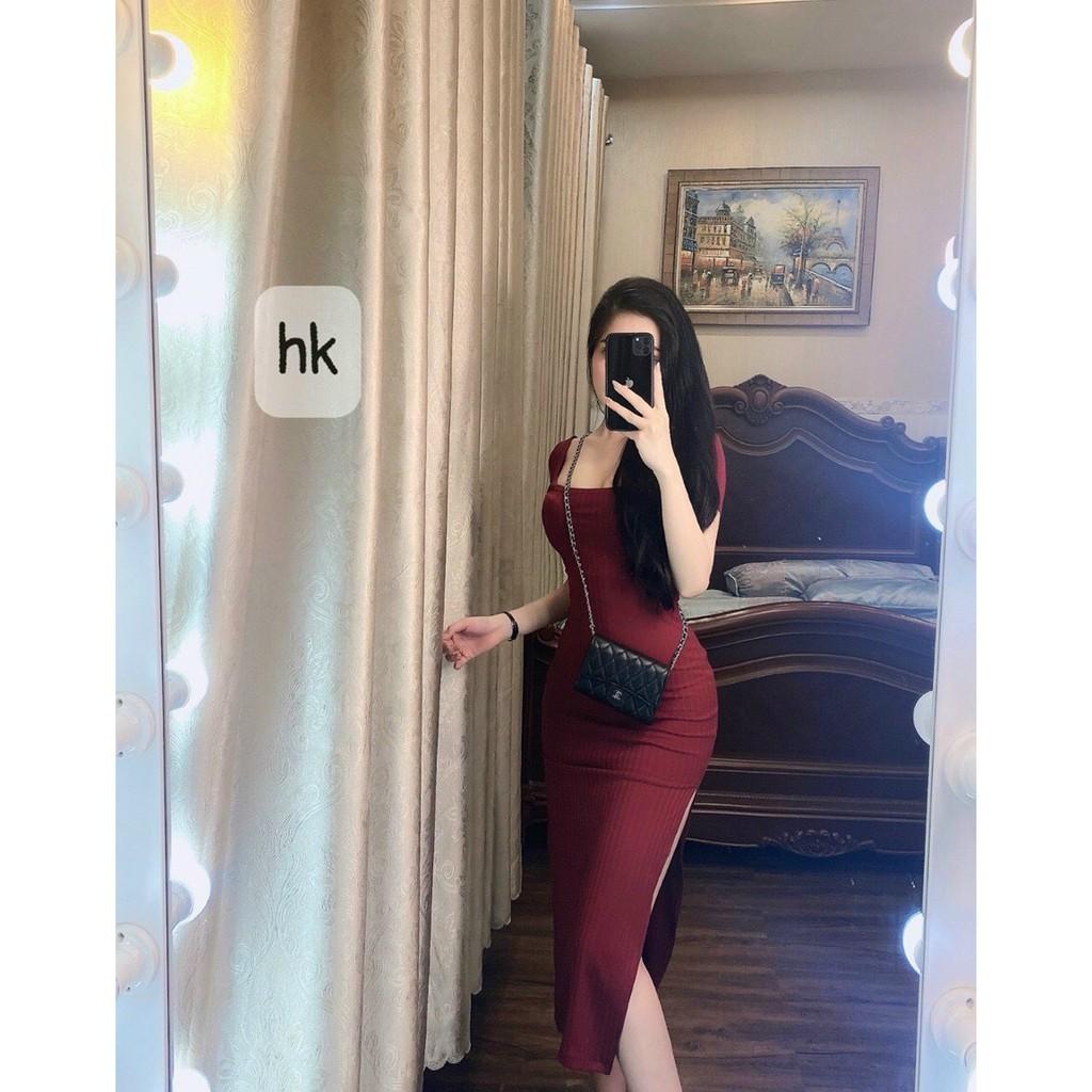 Đầm Body Cổ Vuông Tay Ngắn Xẻ 1 Bên Đùi Chất Thun Gân Thích Hợp Mặc Đi Tiệc Đi Làm Đi Chơi