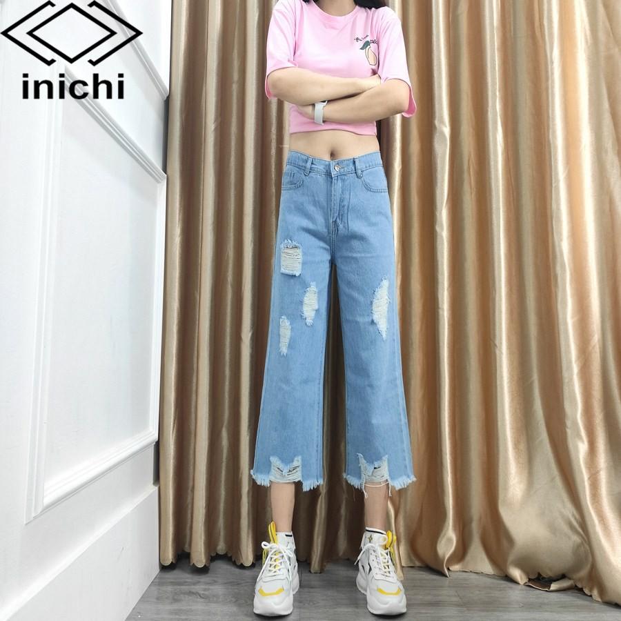 Quần baggy jean nữ Q702 xanh nhạt cạp cao kiểu rách form ống rộng INICHI Official