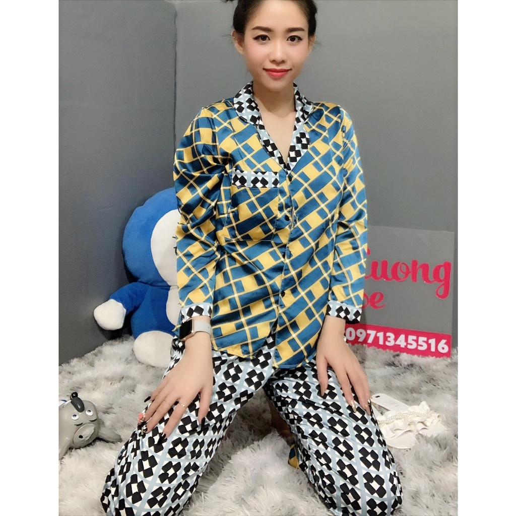 1. Đồ bộ cánh dơi Pijama Satin họa tiết lập phương dài TDQD mát mịn - KLHSTORE2018