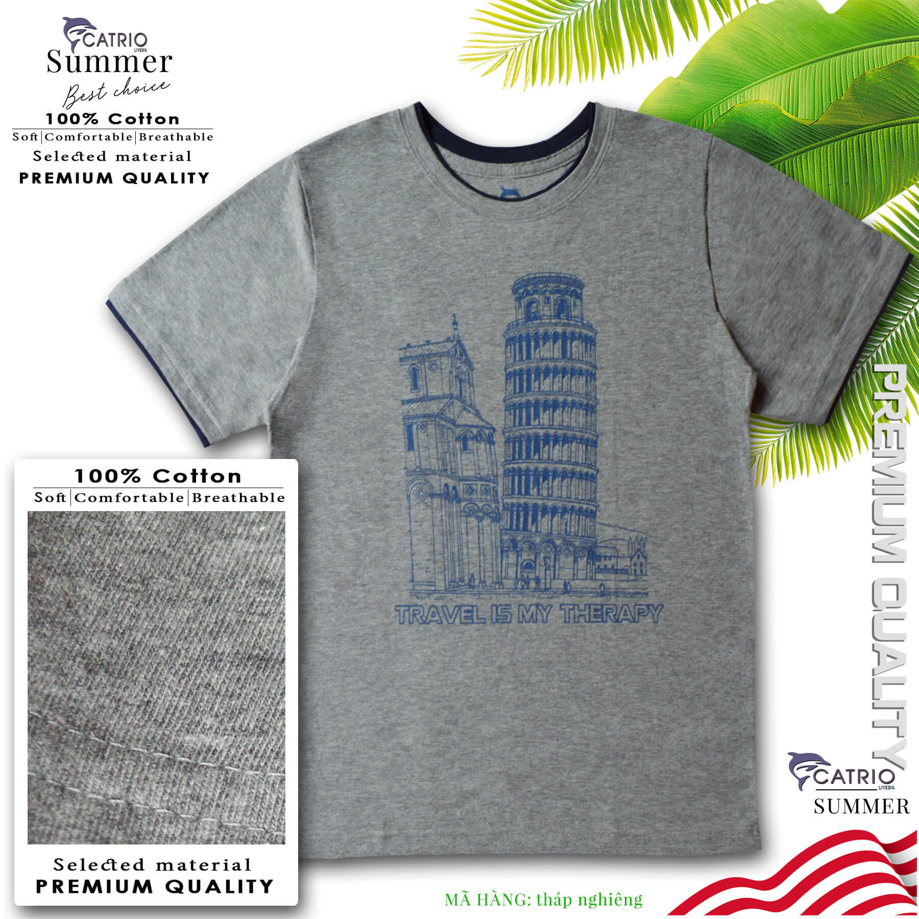 ÁO THUN BÉ TRAI NGẮN TAY CATRIO là áo phông trẻ em từ 9 tuổi đến 12 tuổi vải 100% cotton an toàn in Tháp nghiêng thuộc BST quần áo trẻ em mùa hè CATRIO màu XÁM