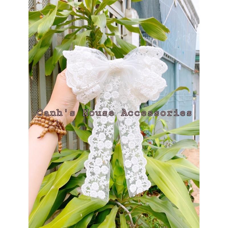 Kẹp nơ ren lớn đuôi dài tiểu thư
