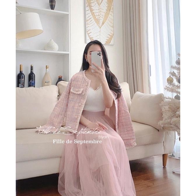 Áo khoác dạ tweed hồng khuy hoa hàng qc