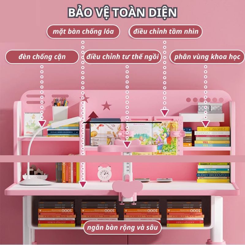 Bộ bàn ghế học sinh tiểu học E01 thông minh tăng giảm chiều cao, ghế đệm êm ái và tựa lưng 2 cánh