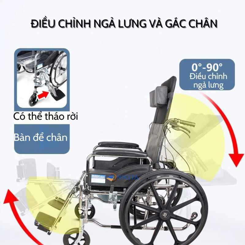 Xe lăn tay ngả giường pittong tích hợp bô vệ sinh, khung xe chắc chắn chịu tải trọng cao, hệ thống phanh trước - sau an toàn, chính hãng Nikita