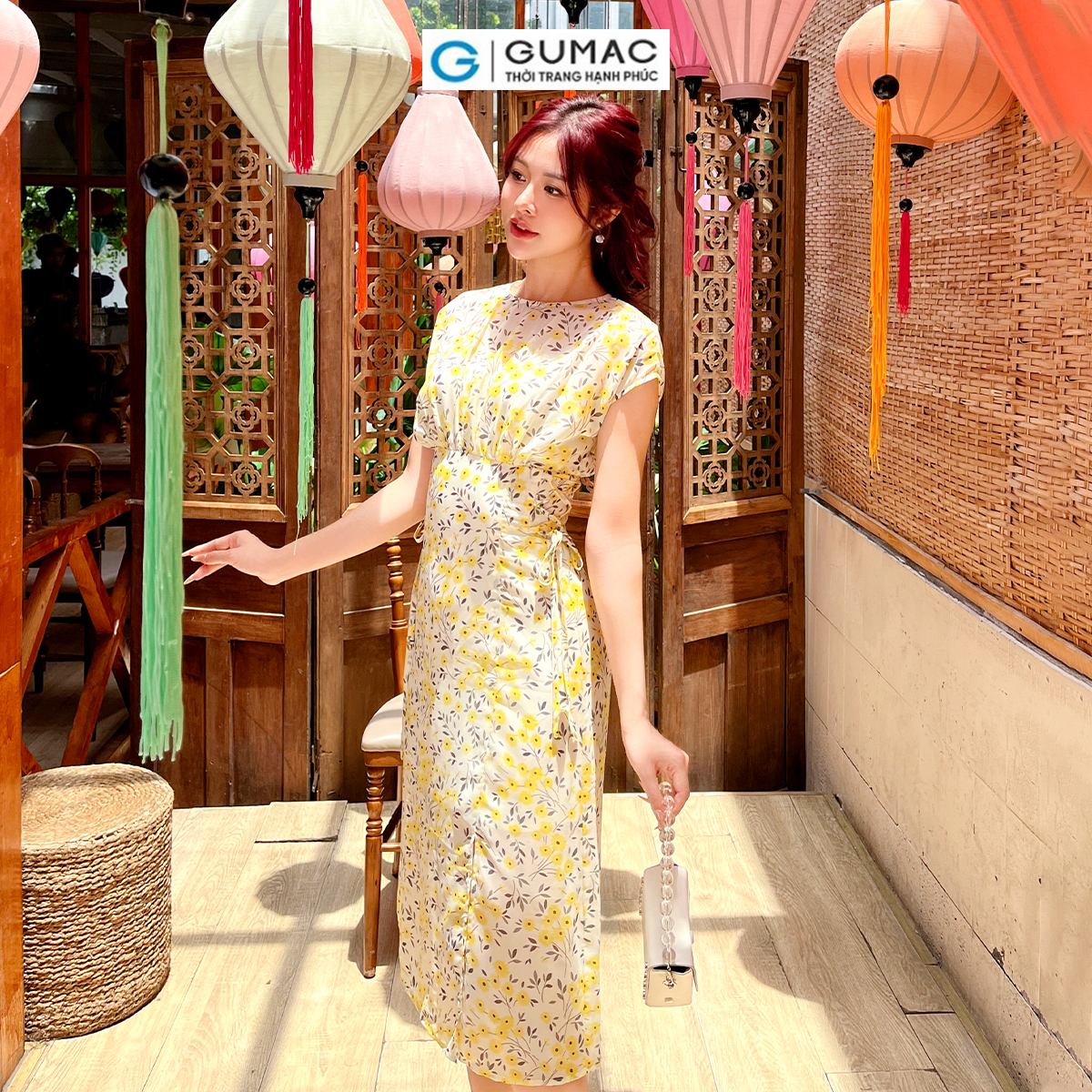 Đầm họa tiết hoa kiểu phối dây eo thời trang nữ tính thanh lịch GUMAC DD07031