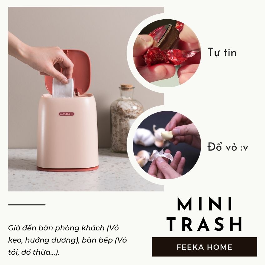 Thùng rác mini để bàn hoặc ô tô cute có quai xách, sọt rác mini nhựa dễ thương để phòng ngủ