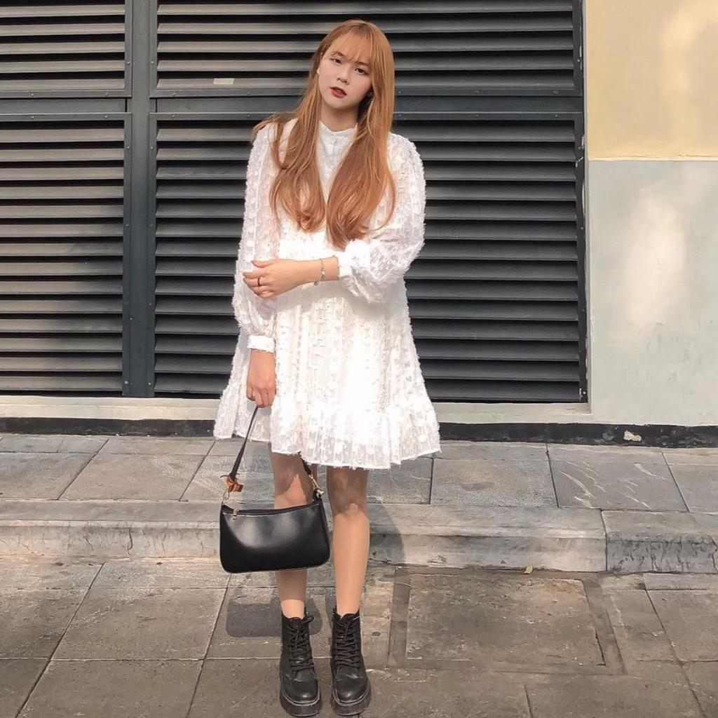 Đầm suông tay dài kiểu babydoll đi chơi dự tiệc chất voan lông xù mềm trắng BABYDOLL DRESS