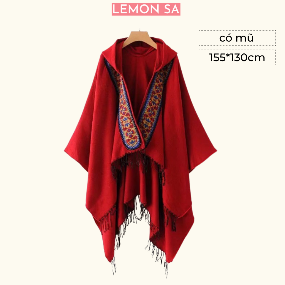 Áo choàng boho thổ cẩm mùa thu đông cho nữ tua rua Khăn len dạ dày ấm có mũ - Mã LE03 Lemon SA