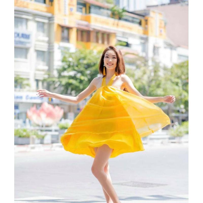 Đầm tơ mỏng , đầm yếm cột dây , đầm tơ cột nơ cổ , đầm orangza yếm