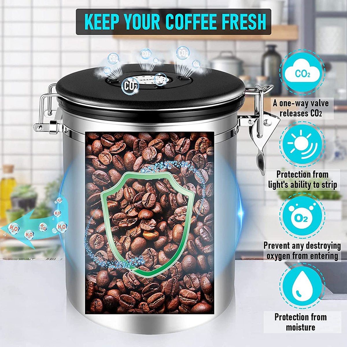 Hộp đựng cà phê 1.5L thép không gỉ Coffee Bean Container kèm muỗng