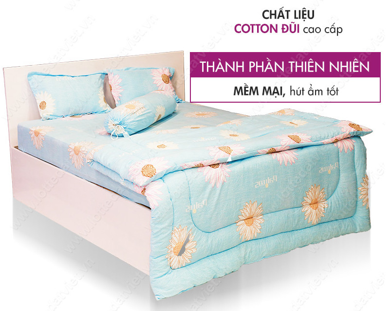 Bộ drap mền chất liệu cotton đũi cao cấp ( Tặng vợt đuổi muỗi) _ Size 1.6m ( Màu xanh bông cúc)