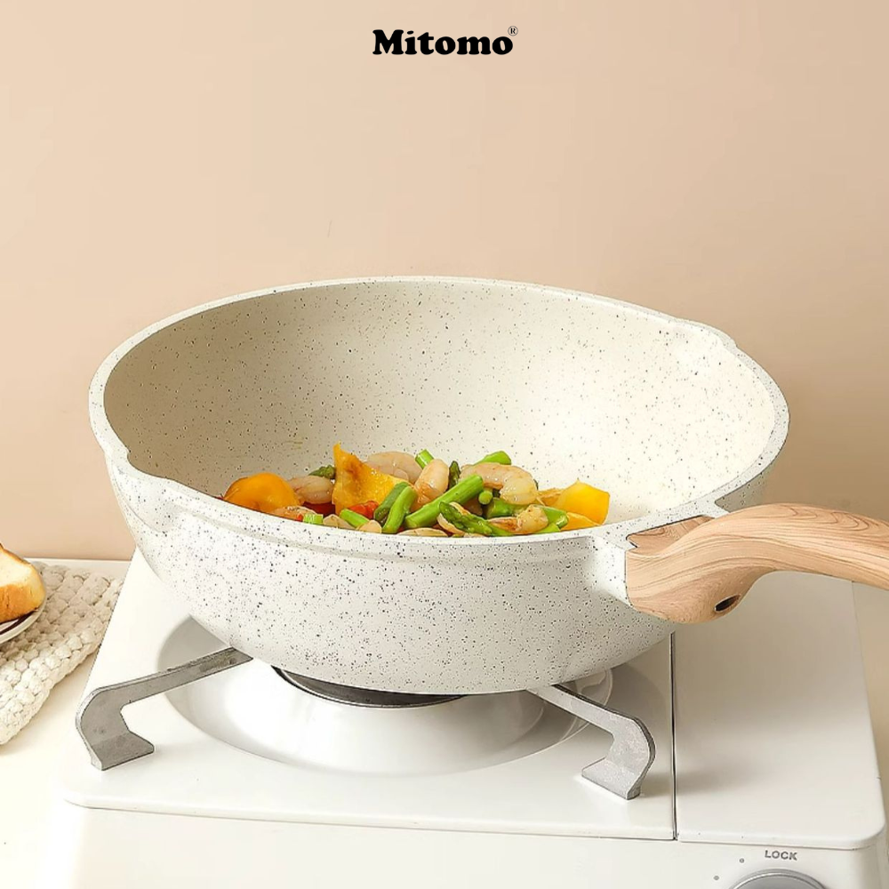 Bộ nồi vân đá chóng dính cao cấp 4 món Mitomo, đúc nguyên khối, nấu trên mọi loại bếp - Hàng chính hãng