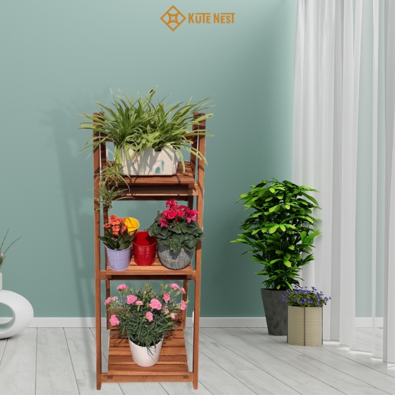 [Kute Nest] Kệ chữ A 3 tầng trang trí chậu hoa bằng gỗ tràm – Có thể gấp gọn – KT dài 42 x rộng (39 – 29 – 19) x cao 106 cm