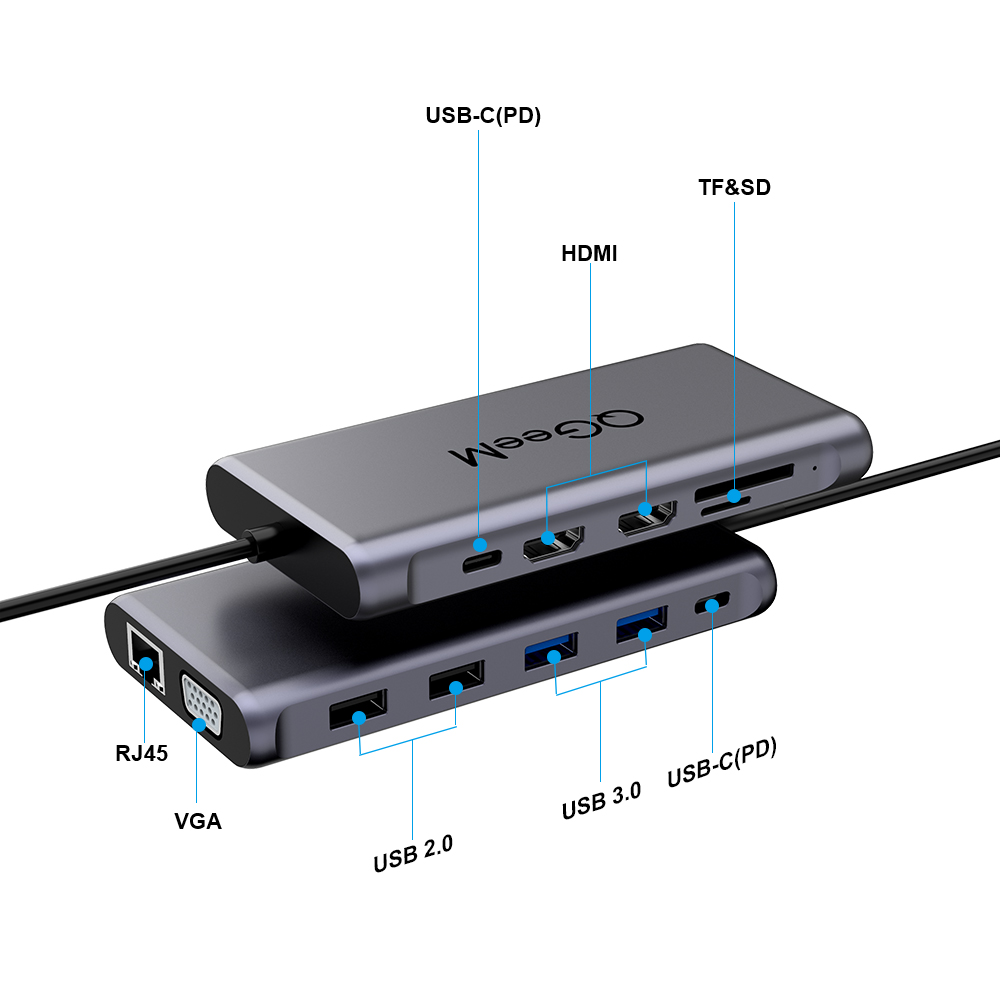 Bộ Hub USB C QGeeM 12 trong 1 sang HDMI 4k/VGA 1080P/USB/Type C sạc nhanh PD/Ethernet 1G/TF&amp;SD/đầu đọc thẻ Type C dành cho MacBook, USB C Dock - Hàng chính hãng