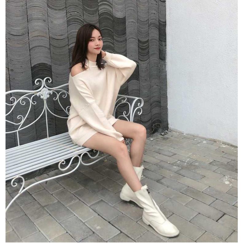 Áo Nỉ Nữ Khoét Vai Dài Tay Dáng Trùm Mông Cá Tính