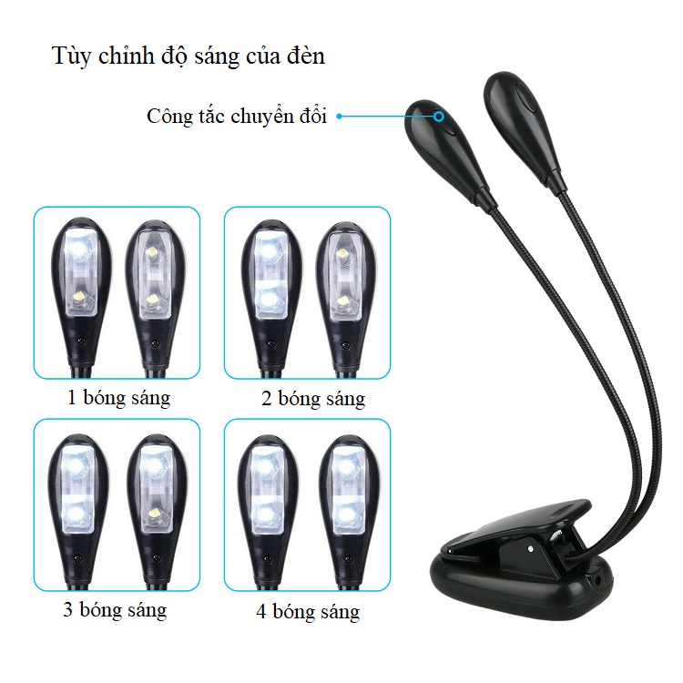 Đèn đọc sách 4 led siêu sáng (Màu ngẫu nhiền - Đen/Trắng, có kèm cáp sạc) - Tặng kèm đèn pin bóp tay