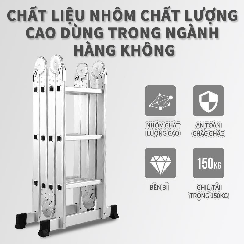 Thang nhôm gấp, thang nhôm gấp gọn đa năng 3,7m 4 đoạn hình chữ M, sử dụng trong nhiều trường hợp