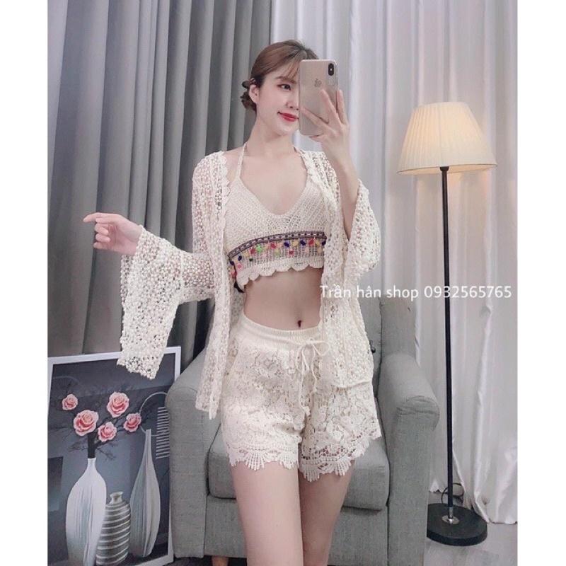 Bộ bơi bikini ren đi biển 3 món (áo bra-choàng tay loe-quần sóc) -Có bán lẻ