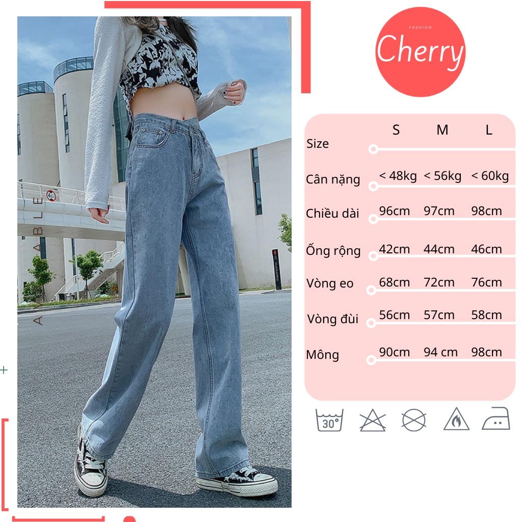 Quần jean nữ lưng cao ống rộng cạp chéo dáng suông CHERRY, quần bò nữ ống đứng ulzzang vải bò dày đẹp không giãn T018