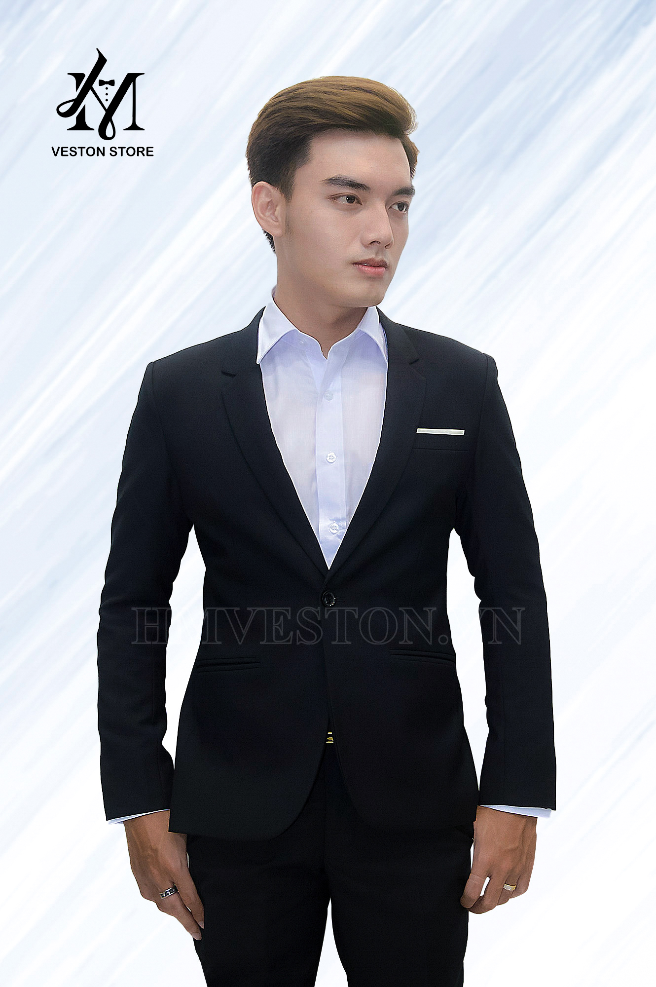 Bộ vest nam 1 nút ôm body màu đen vải mỏng nhẹ