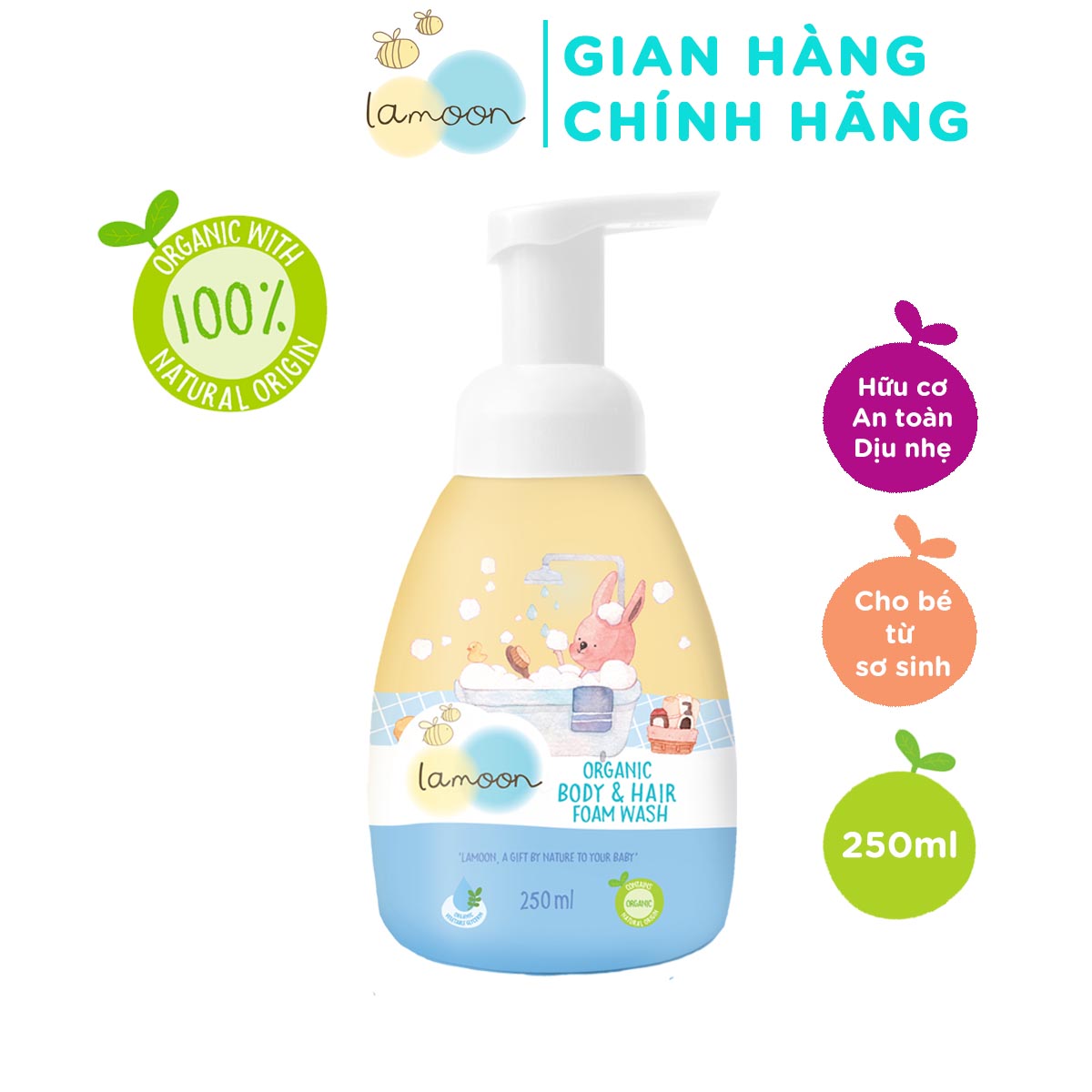 Sữa Tắm Gội Organic Cho Bé Từ Sơ Sinh Dạng Bọt Lamoon - Bình 250ml