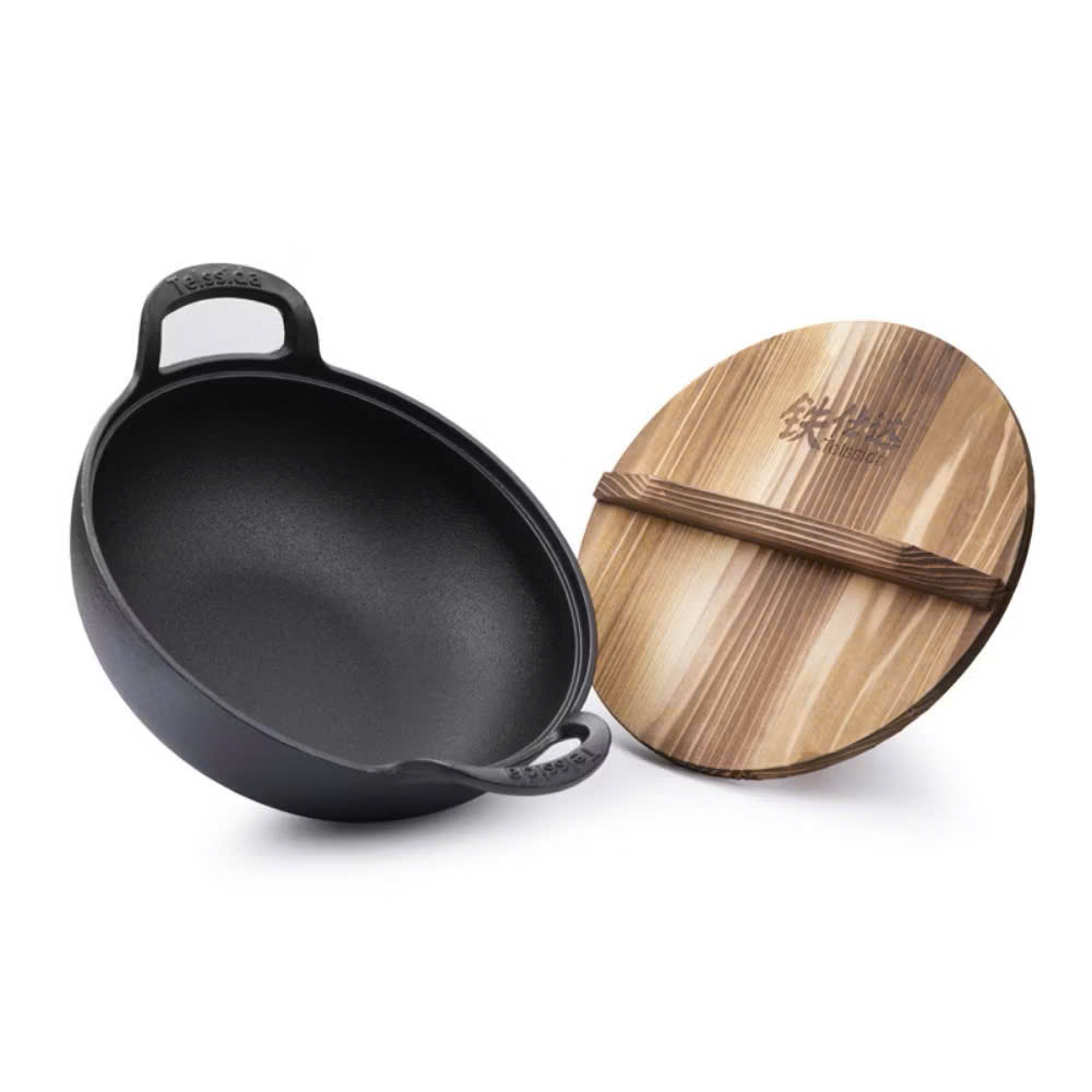 Chảo Nồi Gang Sâu Lòng Đúc Nguyên Khối Size 20cm &amp; 25cm, Tặng Kèm Vung Gỗ - HÀNG CHÍNH HÃNG MINIIN