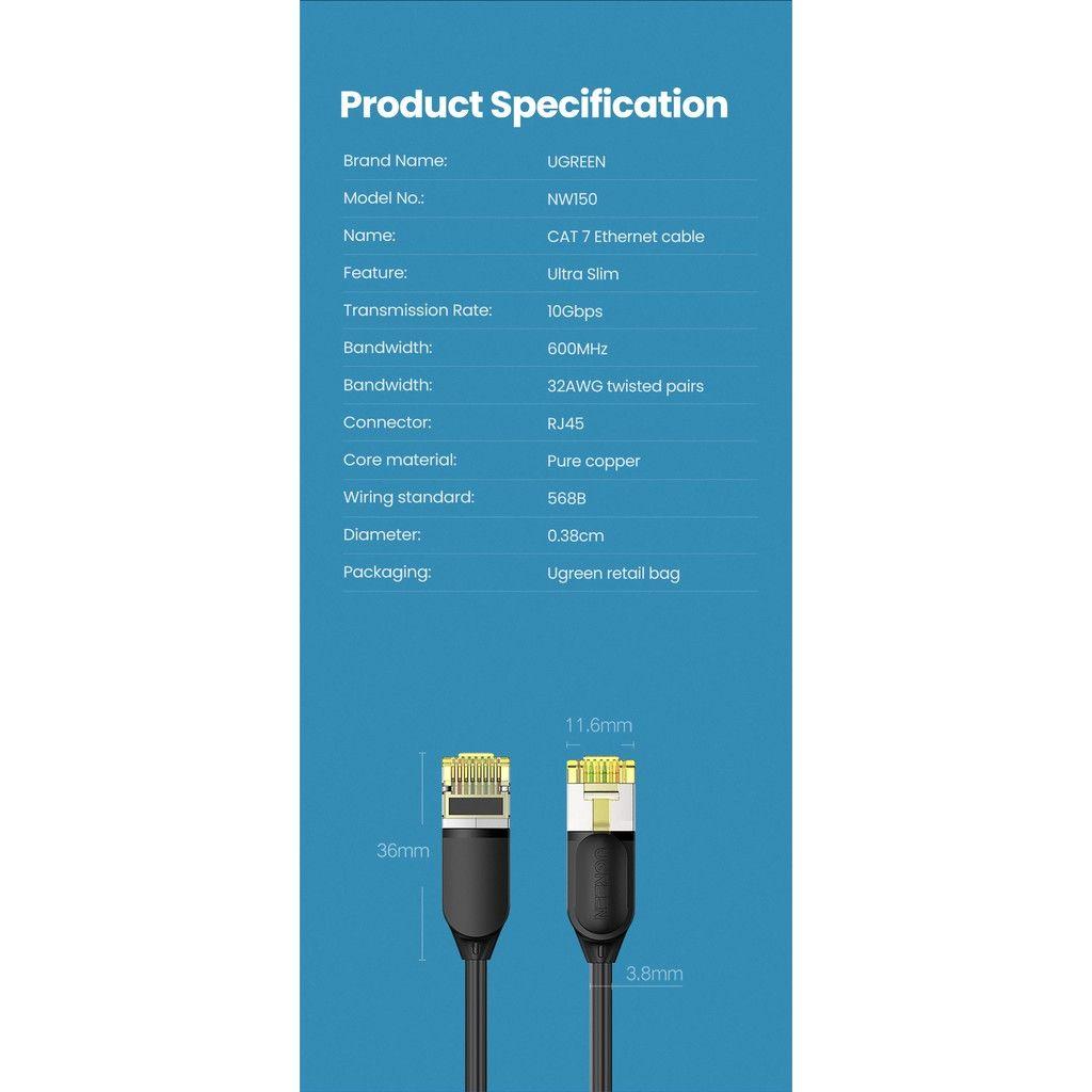 Ugreen UG80417NW149TK 2M 10Gbps màu đen cáp mạng CAT7 siêu mỏng nhỏ 0.38mm - HÀNG CHÍNH HÃNG