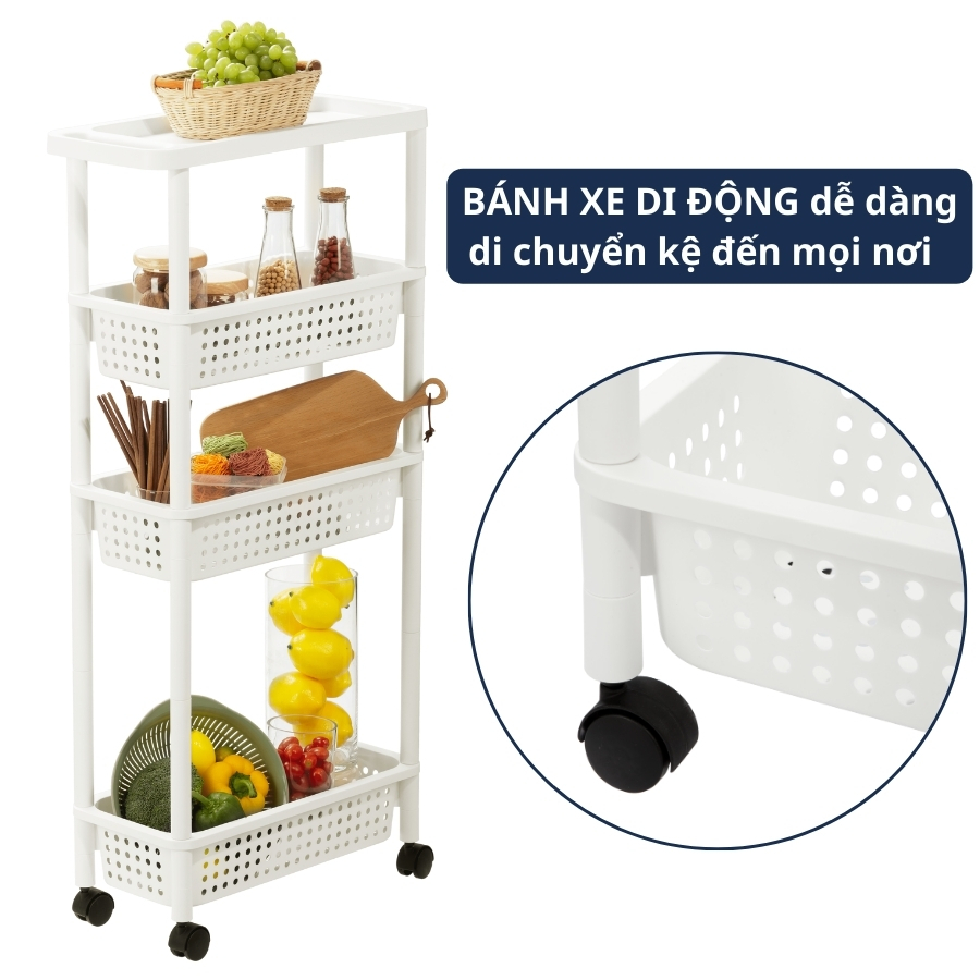 Kệ Di Động Tokyo 4 Tầng Có Bánh Xe Di Chuyển Linh Hoạt -Chính Hãng inochi (Tặng kèm khăn lau đa năng pakasa)