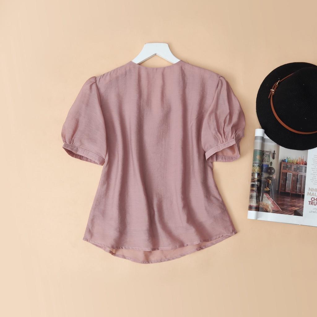 Áo tơ KACHISA phối nút ngọc màu tím pastel