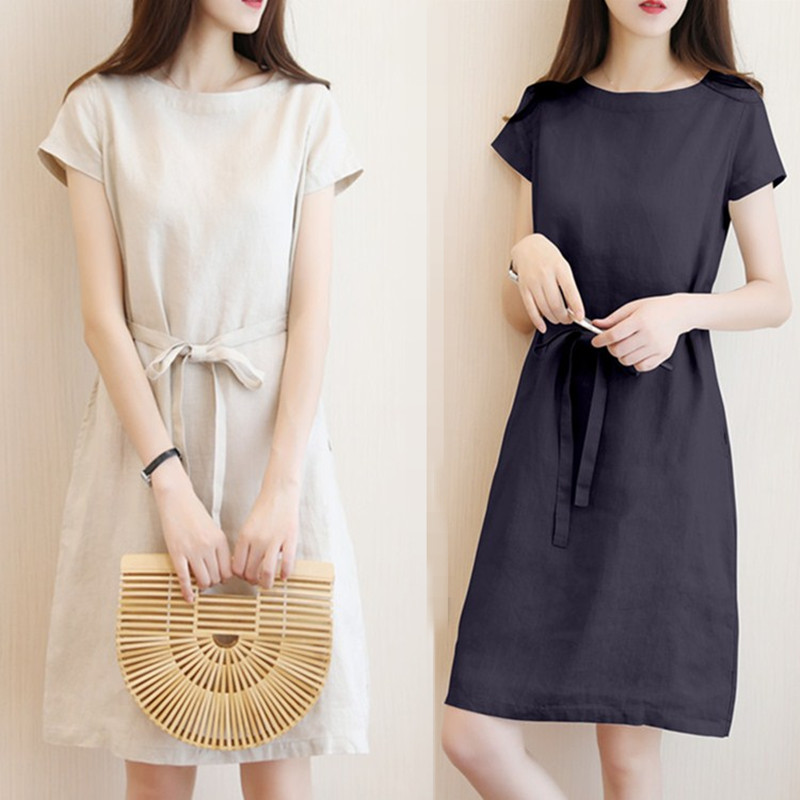 Đầm suông linen tay ngắn cổ tròn kèm đai rời, chất linen mềm mát, style Hàn thời trang Đũi Việt