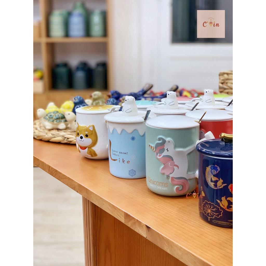 Cốc sứ Vịt vàng có nắp có thìa - Cốc uống nước họa tiết cat fish dễ thương - quà tặng văn phòng