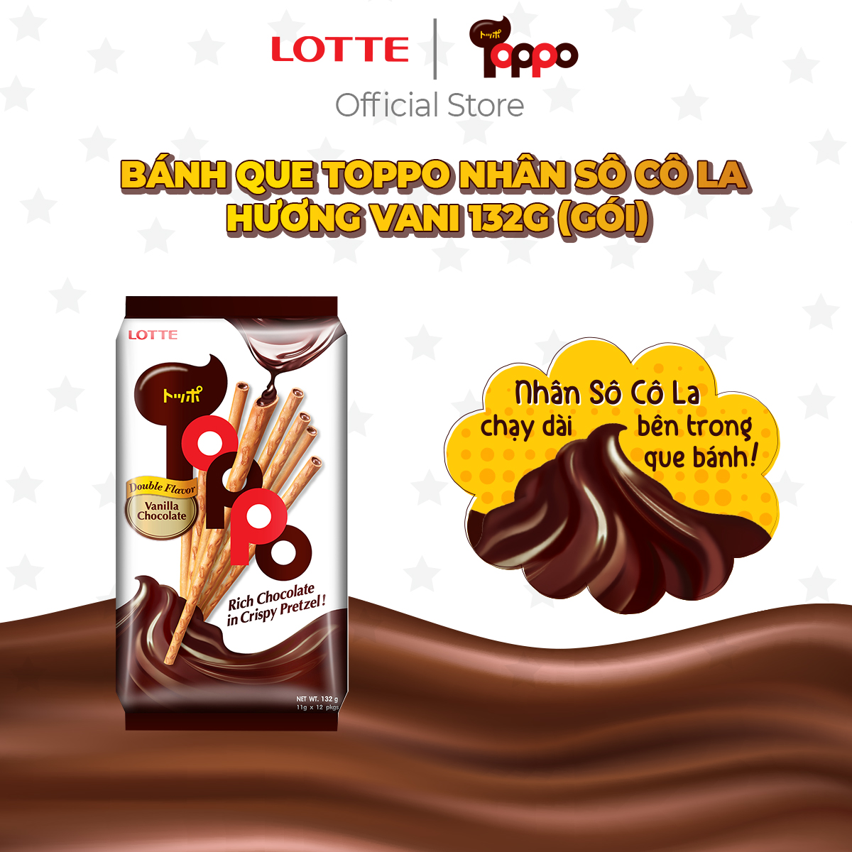 Bánh que Toppo nhân sô cô la hương Vani 132 g