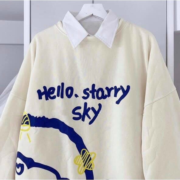 Áo Sweater tay phồng in Hello starry sky