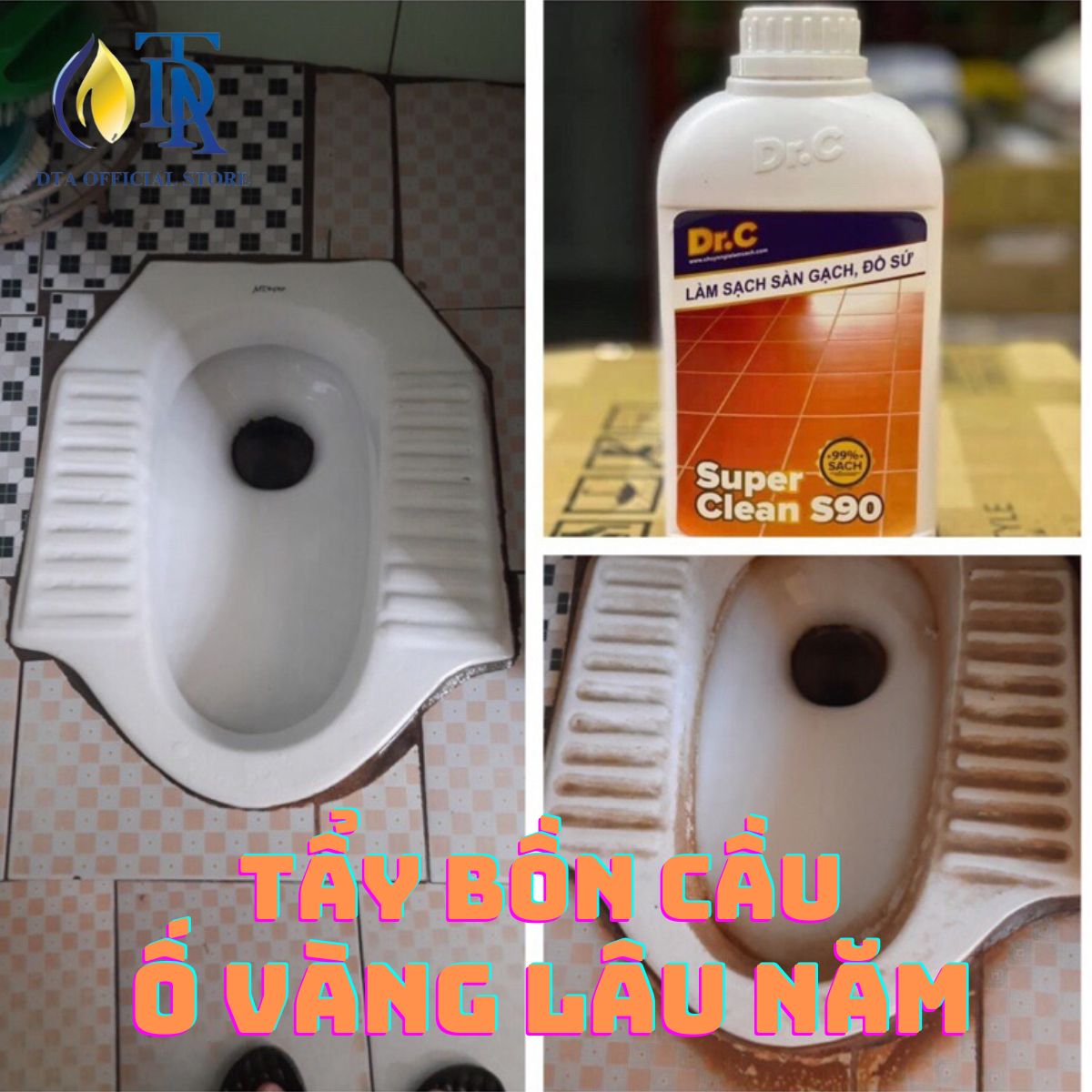 Combo Tẩy Bồn Cầu Bị Ố Vàng,Tẩy Gạch Men,Tẩy Xi Măng,Nước Tẩy Nhà Vệ Sinh,Tẩy Rong Rêu Vôi Vữa Dr.C Super Clean S90 1 Lít