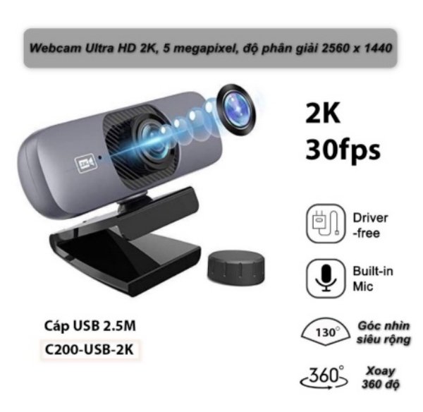 Webcam UHD 2K Kèm Micro Góc nhìn siêu rộng 130 độ