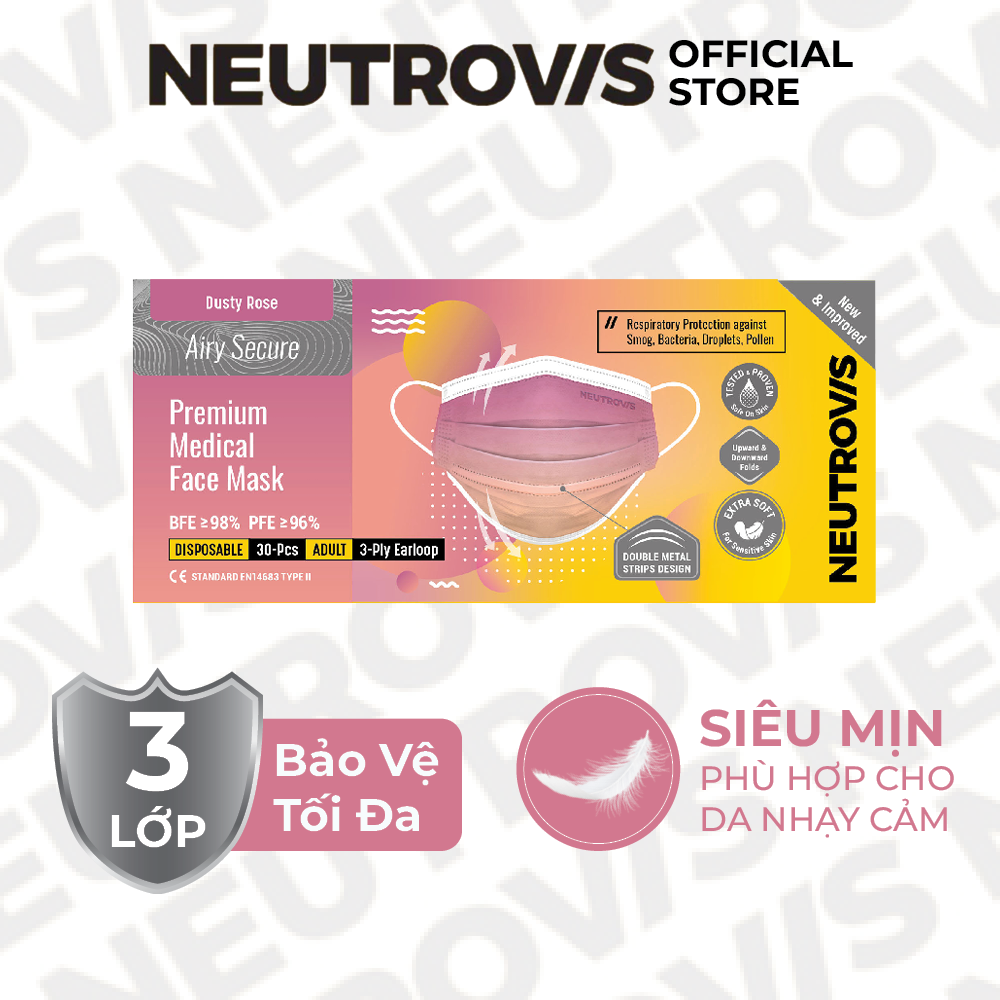 Khẩu Trang Cao Cấp Kháng Khuẩn 3 Lớp Neutrovis - Dusty Rose (30 Cái/Hộp)