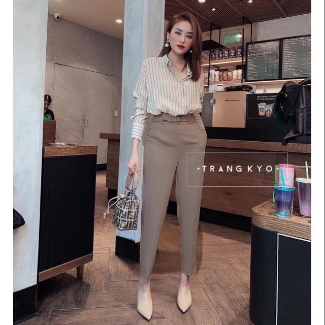 Quần baggy nâu lưng cao kèm belt
