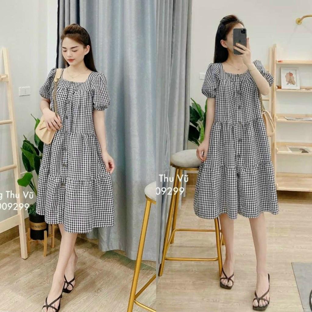 Váy bầu kẻ sọc caro- Đầm cổ vuông tay cộc chất thô đẹp sang chảnh
