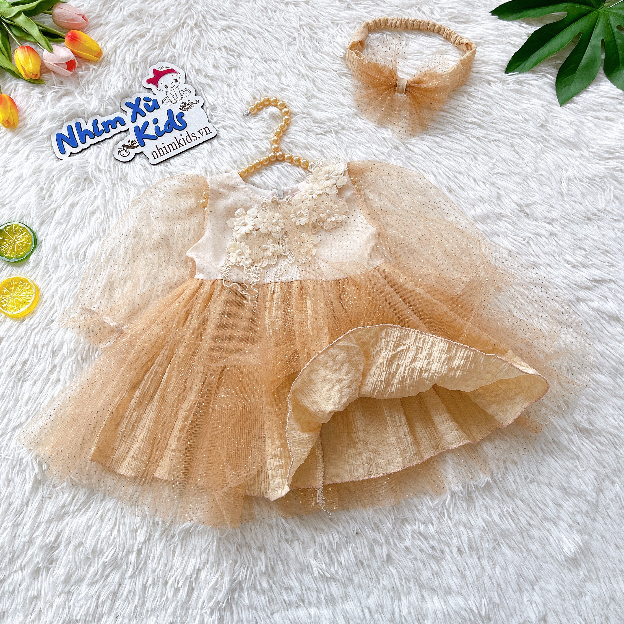 Váy công chúa đính hoa tặng kèm turban cho bé gái 4 - 15kg