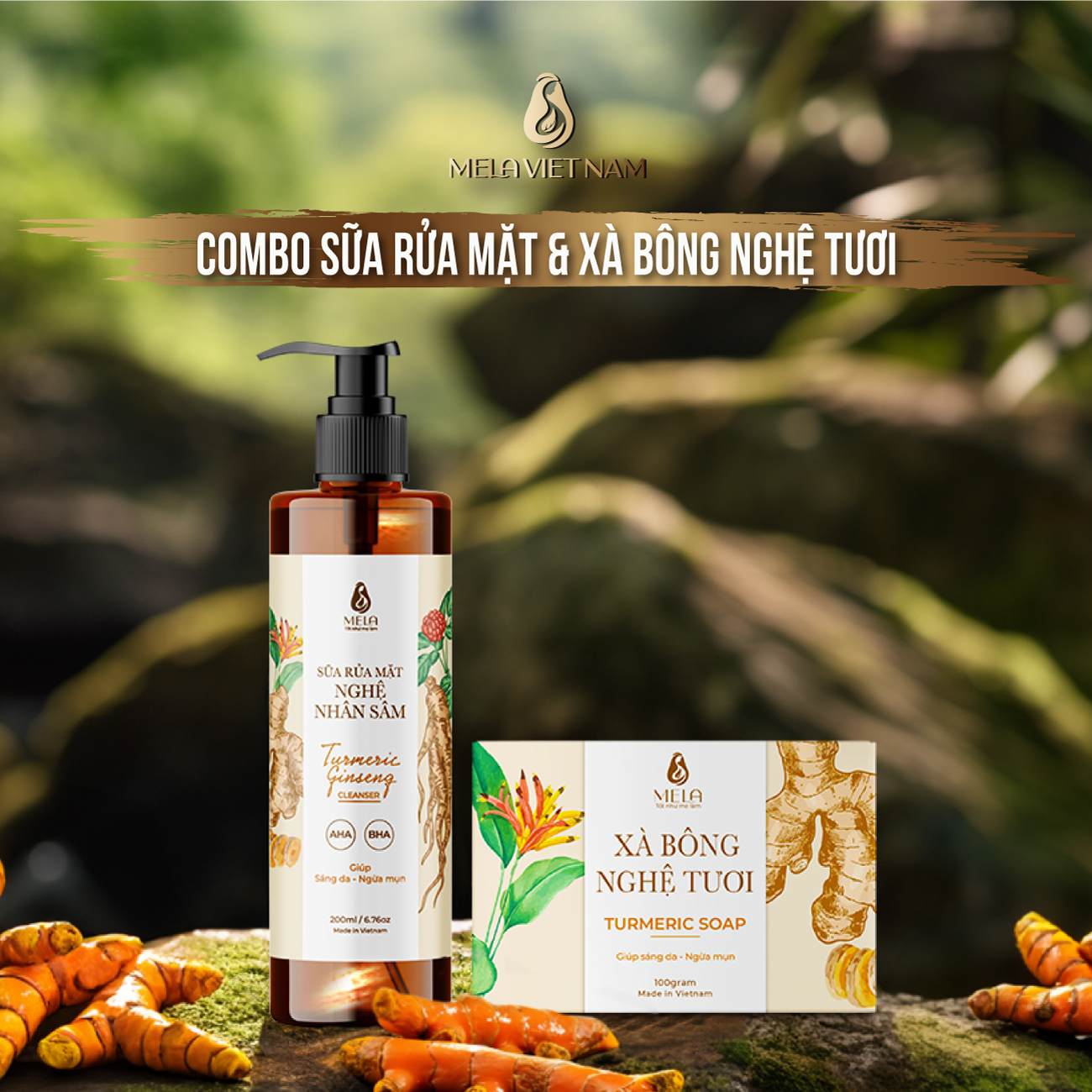 Combo Xà Bông  Sữa Rửa Mặt Nghệ MELA Thiên Nhiên, Làm Sạch Tẩy Da Chết Thoáng Lỗ Chân Lông Giảm Mụn – ML18