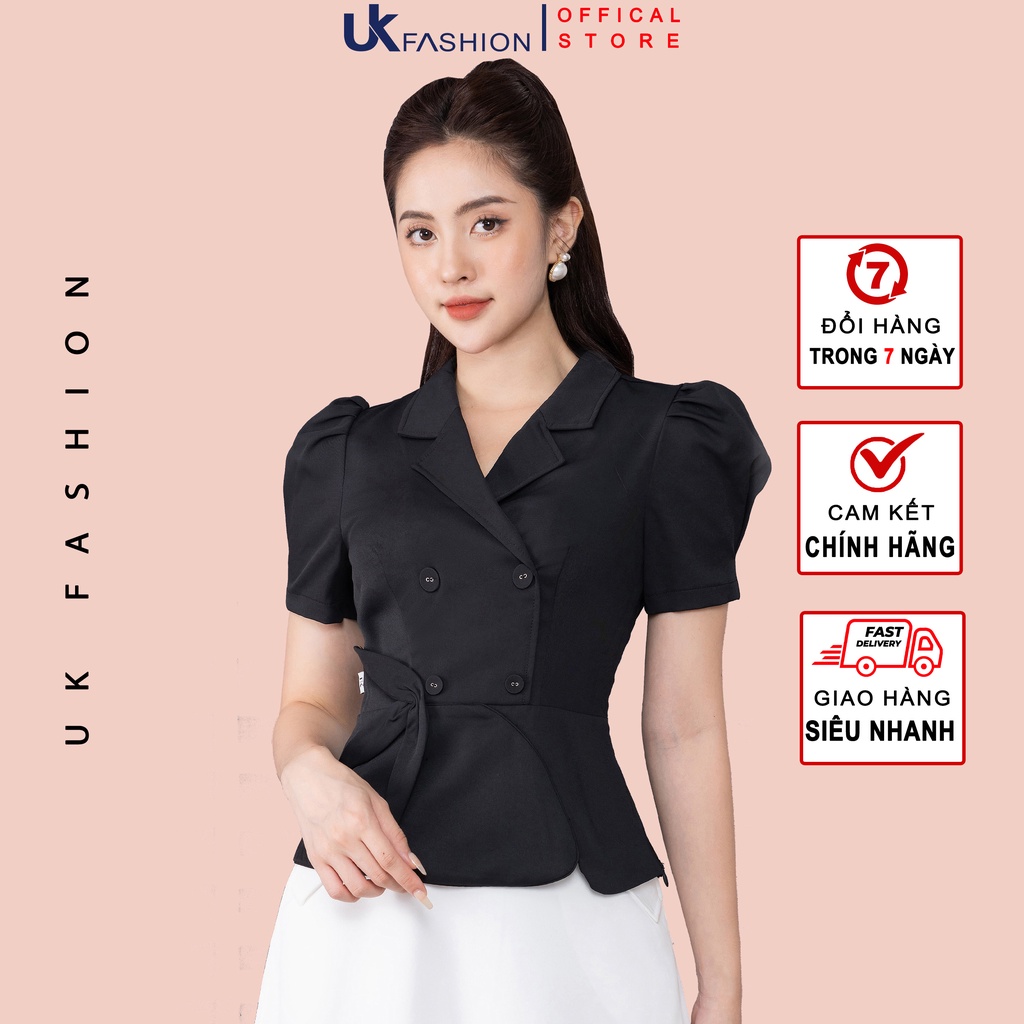 Áo Sơ Mi Nữ UK Fashion Thiết Kế Giao Cúc Cổ Vest Kết Hợp Tay Bồng Chiết Eo, Chất Liệu Nhập Hàn Cao Cấp NKSM2205003