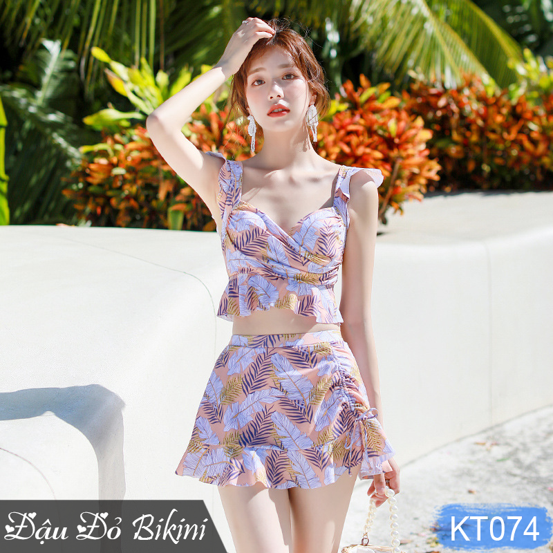 Bộ bơi nữ 2 mảnh quần váy cạp cao dấu bụng, áo vai bèo kín đáo dễ mặc, mẫu trẻ trung nhẹ nhàng, chất bơi thun bơi lạnh Hàn dày mịn | KT074