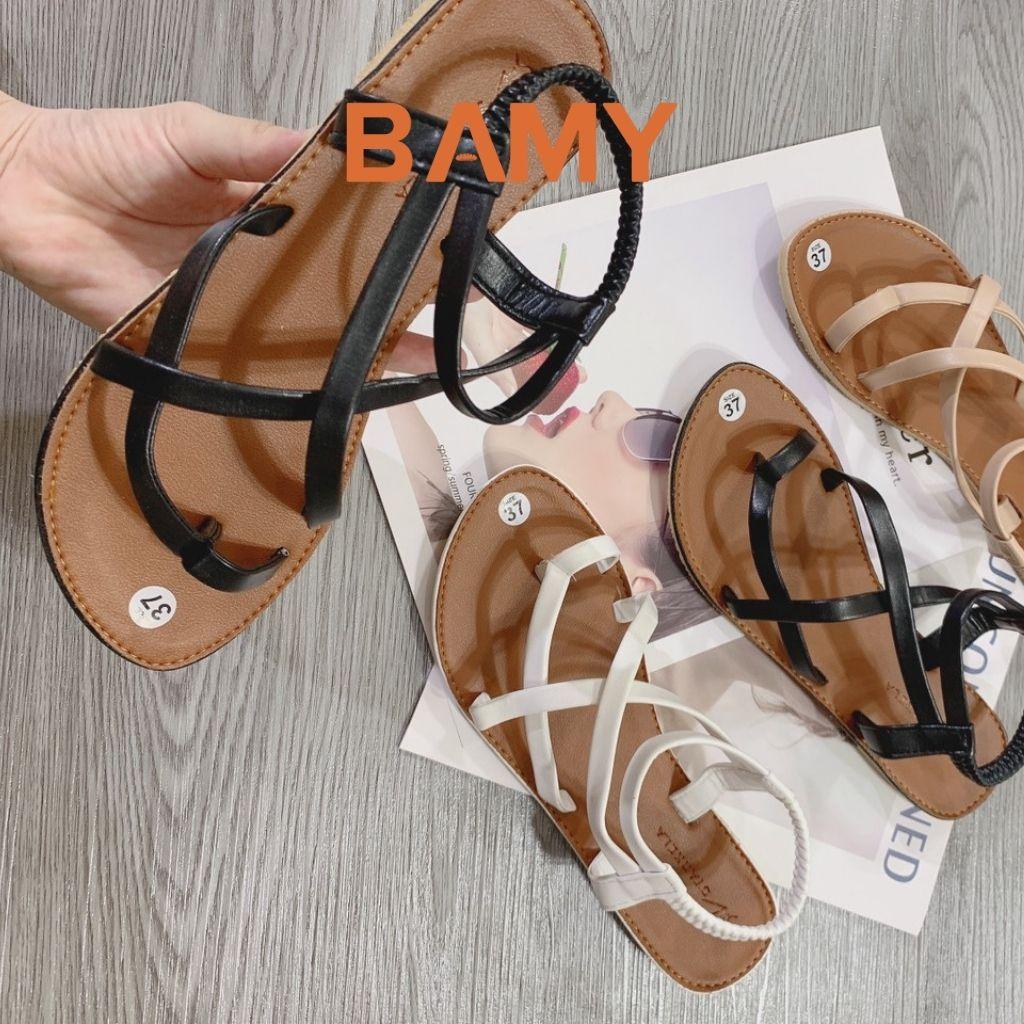 Dép Sandal nữ xỏ ngón dây mảnh đế nâu BAMY quai chun sau