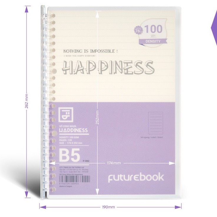 FUTUREBOOK-Sổ Còng Nhựa Happiness B5 26Chấu-120 Trang-Định Lượng 100Gsm.Dòng Kẻ Ngang . MÃ SP B892 (Giao Màu Ngẫu Ngang)