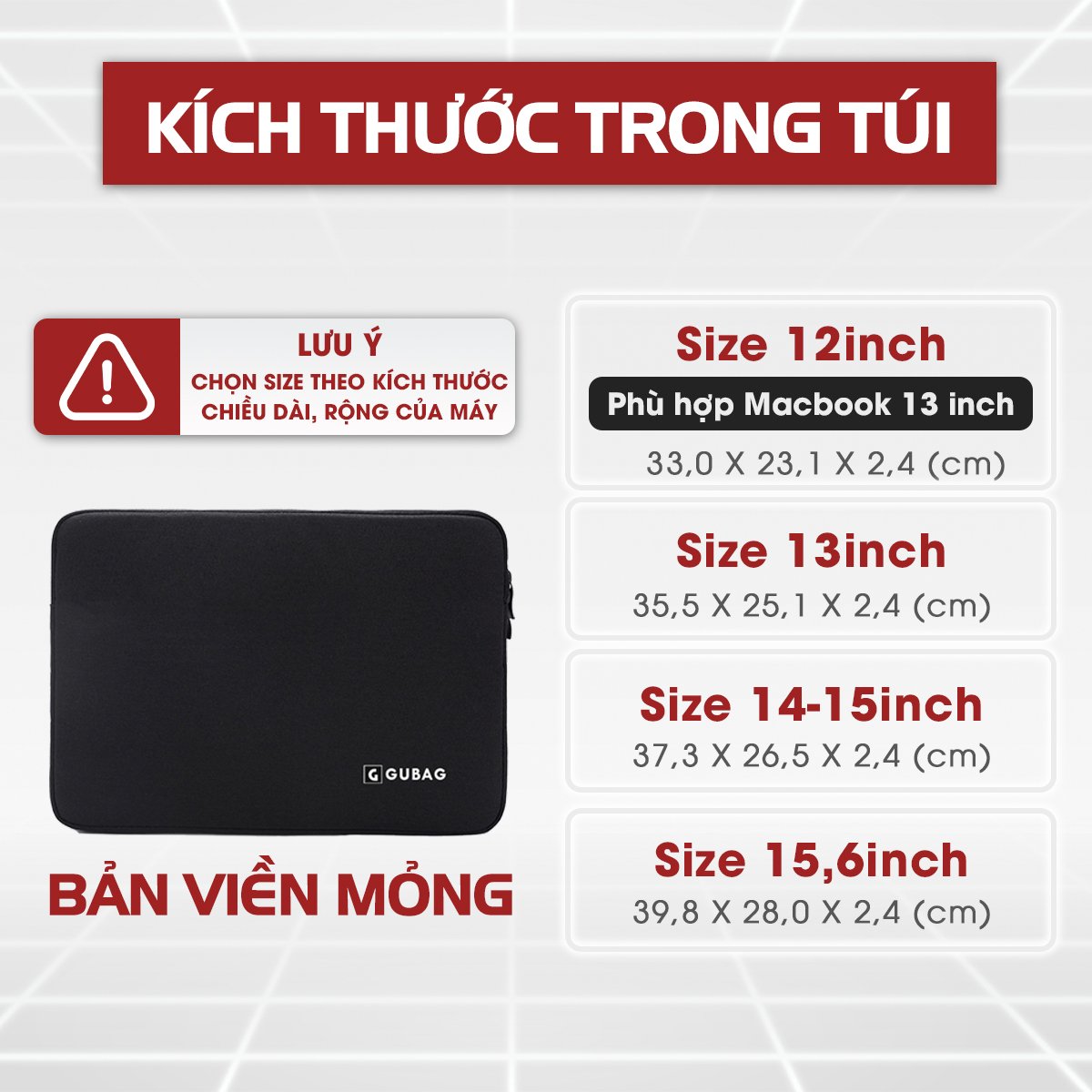 Túi chống sốc đệm viền dày GuBag, đựng vừa các dòng laptop, chống nước, chống xước